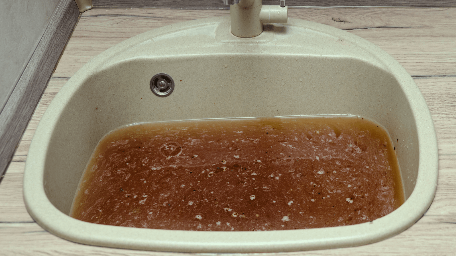 A kitchen sink completely backed up with food particles and standing water, illustrating a common and frustrating clog for a client.

