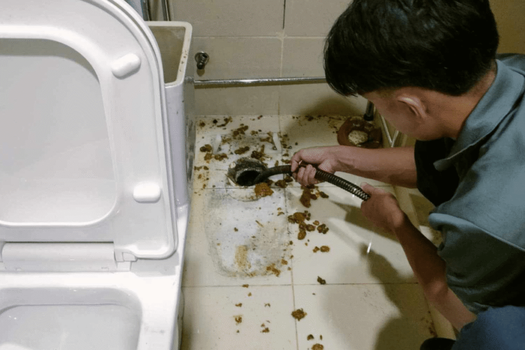 Our tubero experts efficiently clearing a challenging toilet blockage.