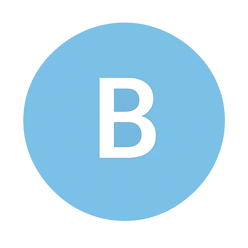 Blue circular badge with a bold white letter B in the center (logo style).