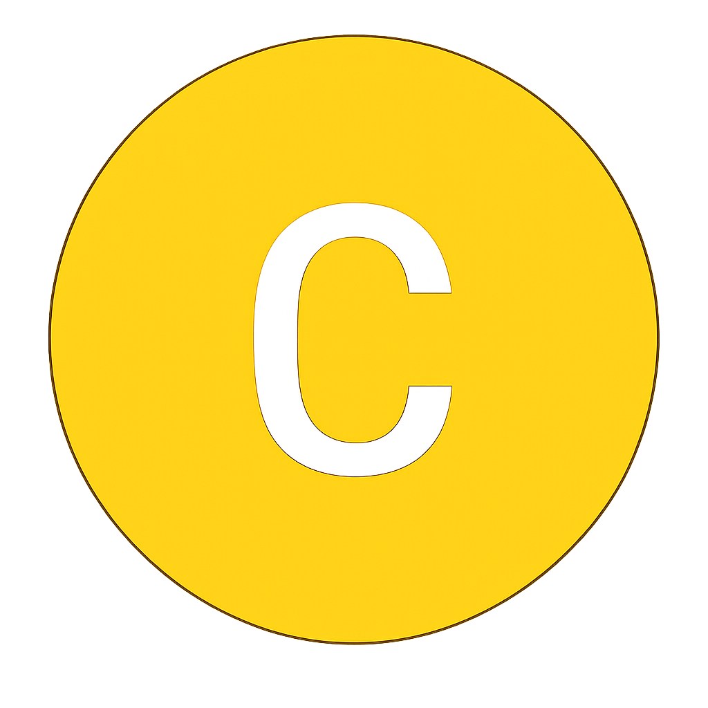 Yellow circular badge with a bold white 'C' in the center and a soft glow around the edge.