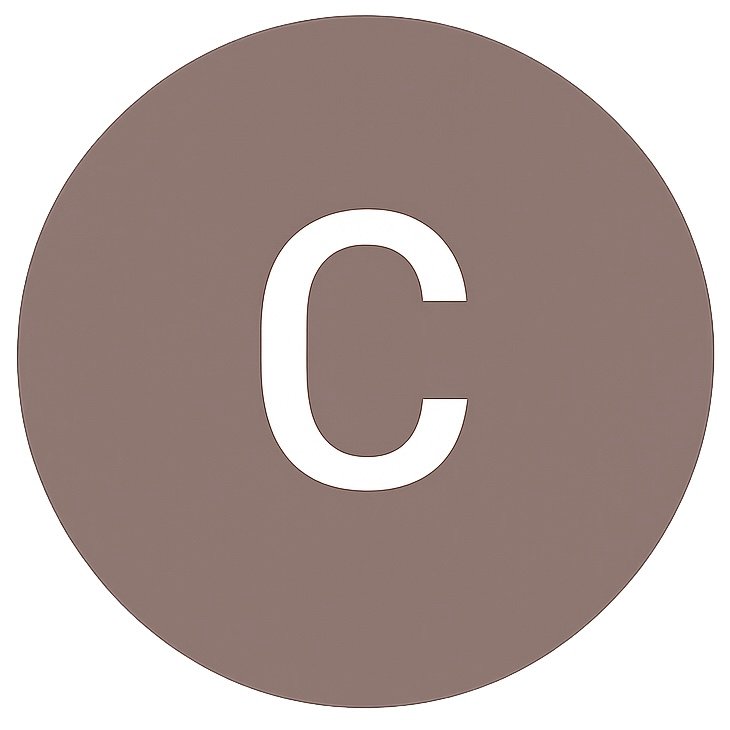 Brown circle with a white letter C in the center.