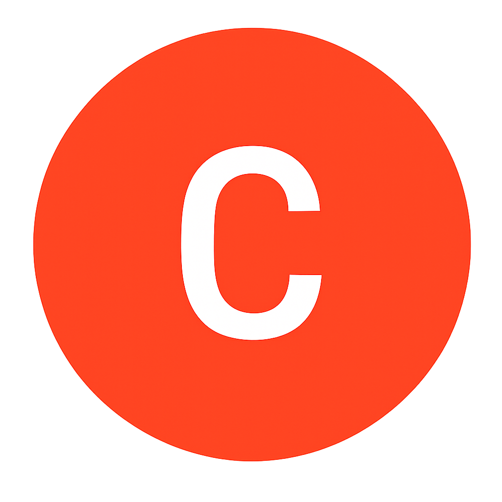 Logo: white letter 'C' centered on a bright red circular badge with a dark glow around it.