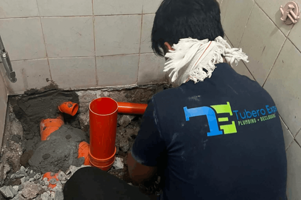 Tubero Experts plumber replacing old pipes with new PVC pipes during a repiping job.