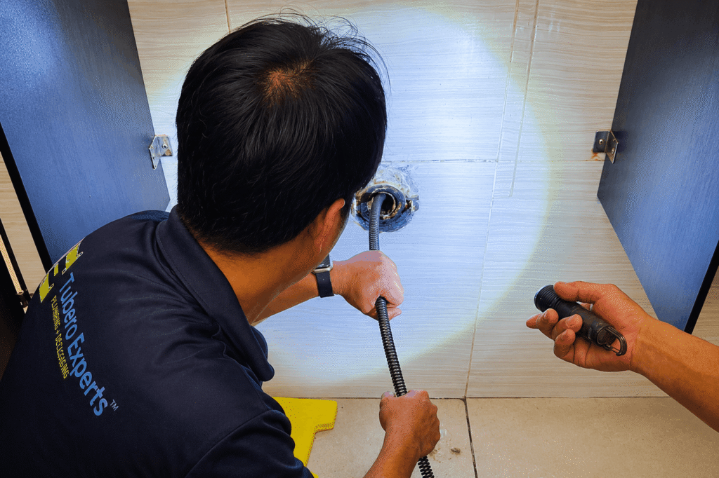 Tubero Experts plumber using a drain snake to clear a clogged bathroom drain in Metro Manila