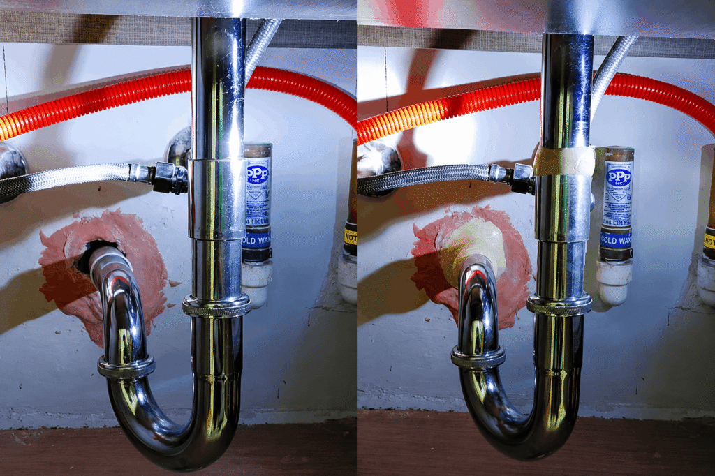 Before and after of a sink drain pipe finished during installation of comfort room fixtures