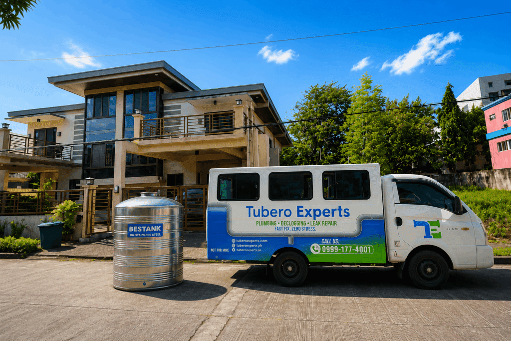 Water tank Installation service van beside a newly installed home water tank