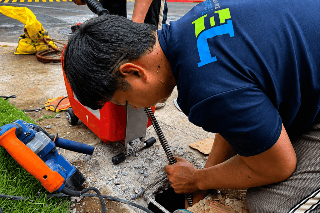 Tubero Experts technician using a drain rodding machine on a roadside manhole" Title: "Drain Declogging Service