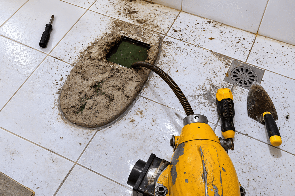 Drain auger machine clearing a clogged floor drain during plumbing service