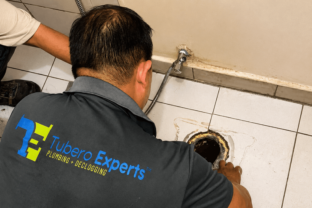 Tubero Experts technician installing a floor drain during comfort room fixture installation