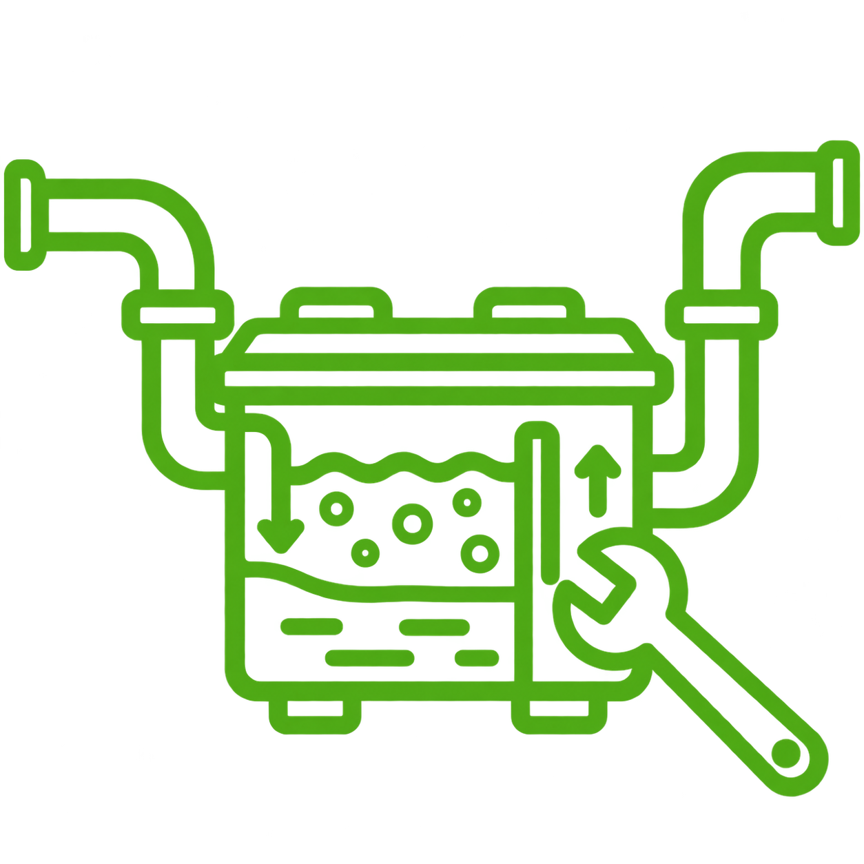 Grease trap unit with connecting pipes and a wrench, part of Tubero Experts' installation of kitchen sink fixtures service