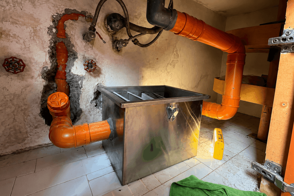 Newly installed stainless steel grease trap connected to orange PVC pipes under a kitchen counter