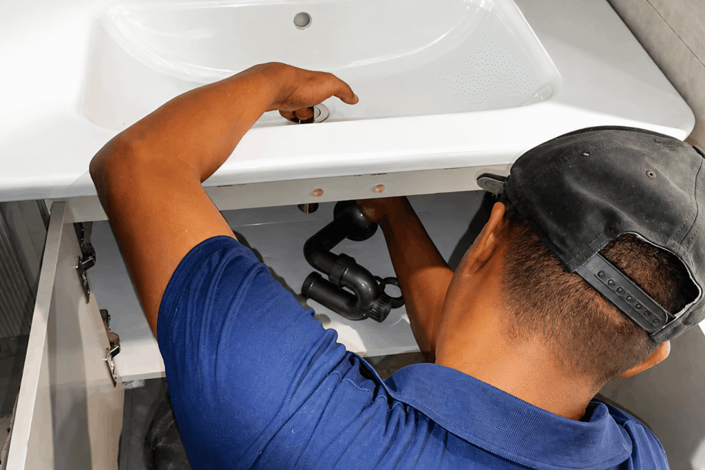Tubero Experts plumber connecting a sink P-trap under a bathroom vanity