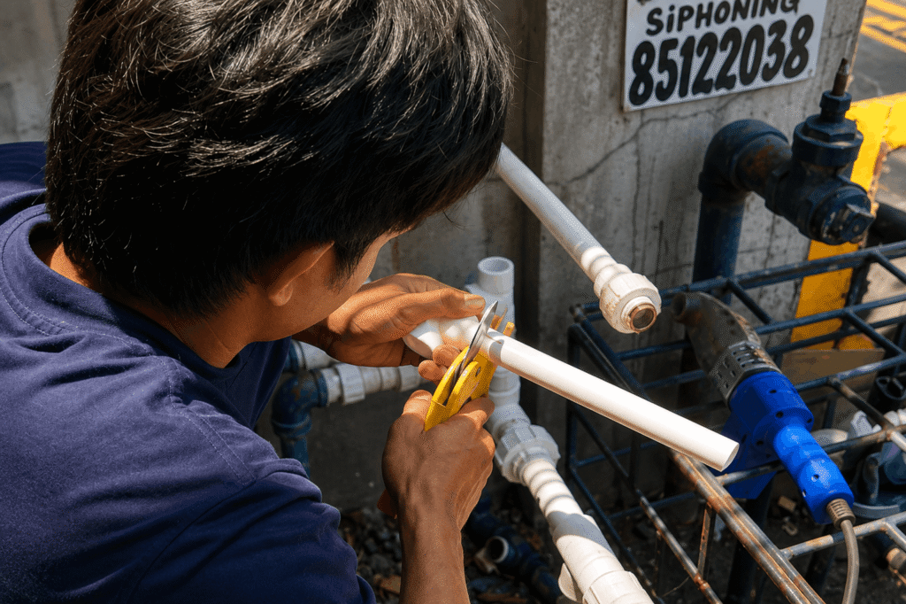 Plumber cutting a PVC pipe near a siphoning service sign