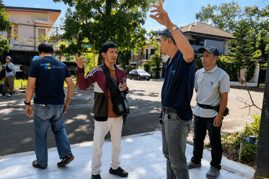 Tubero Experts team discussing a job site plan outdoors