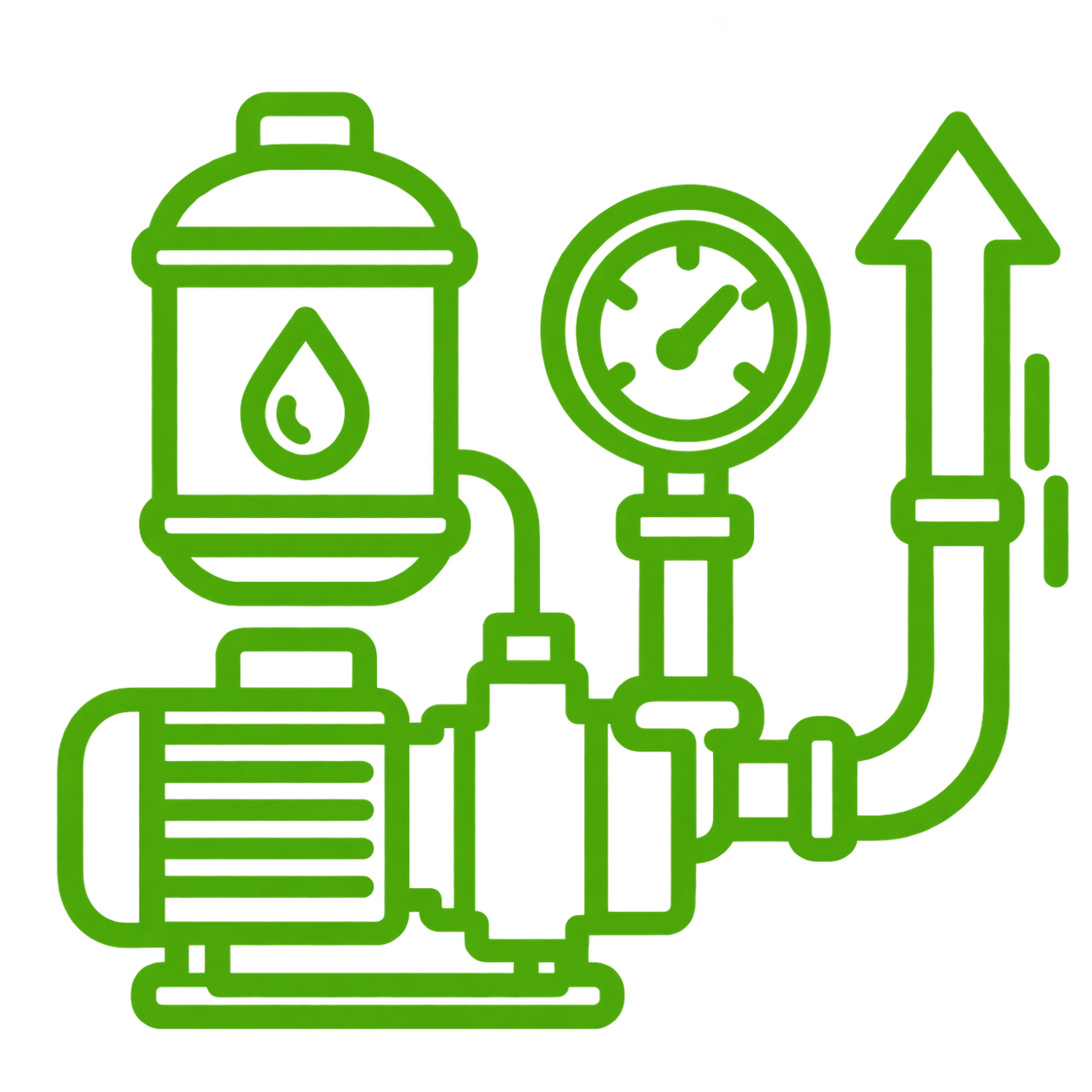 Water pump connected to a pressure gauge with an upward arrow, representing pressure boosting