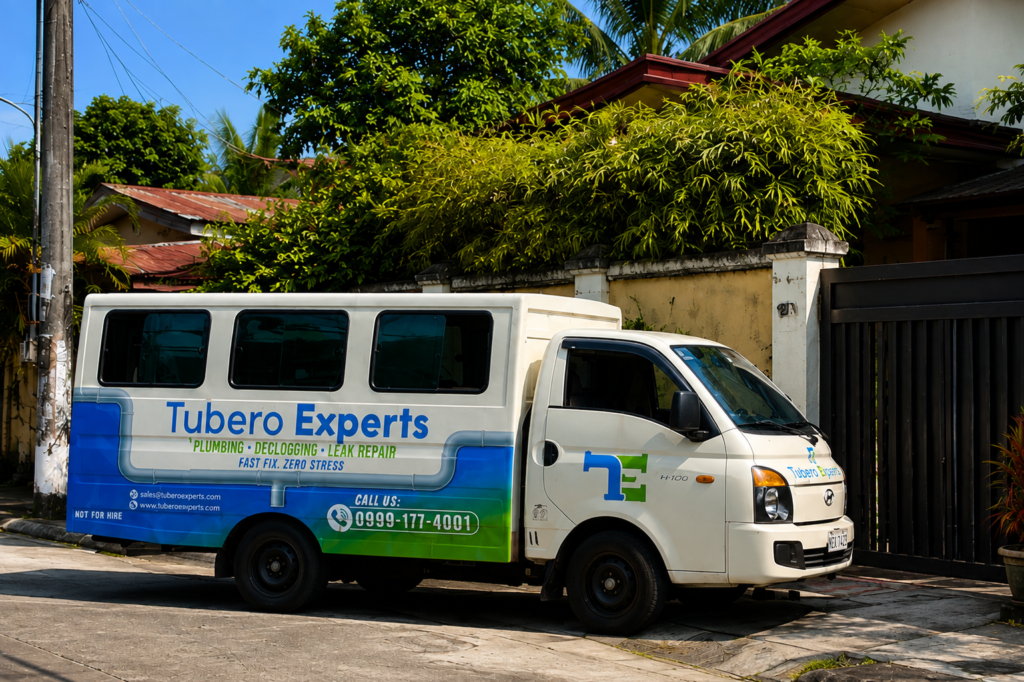 Tubero Experts plumbing service truck parked outside a residential property in Metro Manila