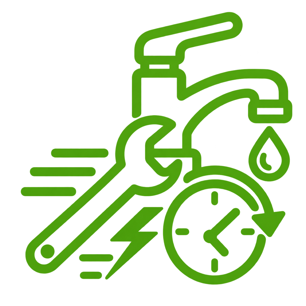 Faucet, wrench, and clock with motion lines, representing same-day installation of kitchen sink fixtures by Tubero Experts