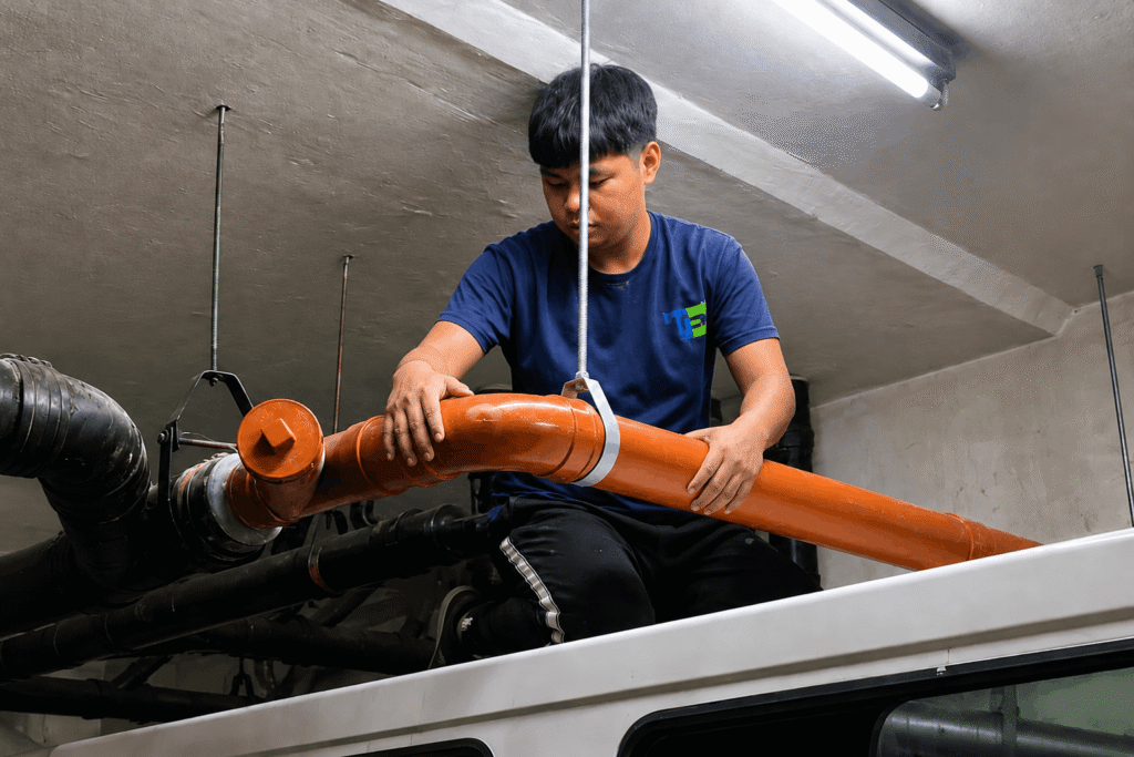 Tubero Experts plumber fitting orange PVC sanitary line piping as part of a leak repair job.Careful measuring and fitting ensures the sanitary line connects clean and tight after every repair.