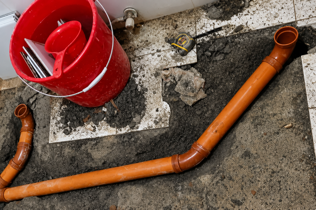 Newly installed sanitary line pipes running along a torn-up bathroom floor during leak repair.