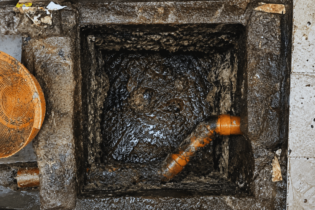 Inside view of a septic tank before Tubero Experts cleaning service" Title: Septic Tank Before Cleaning