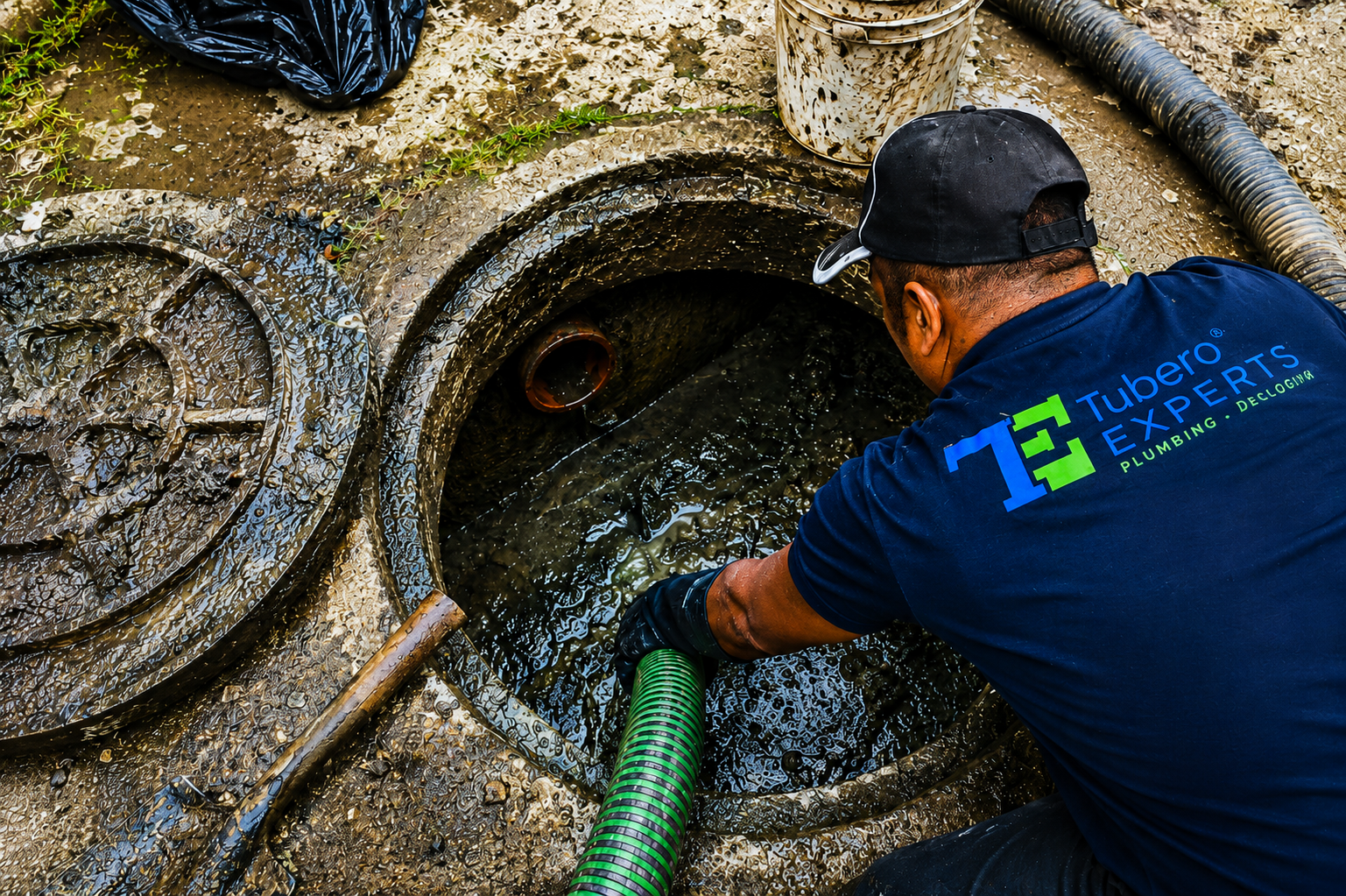 Tubero Experts plumber pumping and cleaning a septic tank — reliable septic services for homes and commercial properties