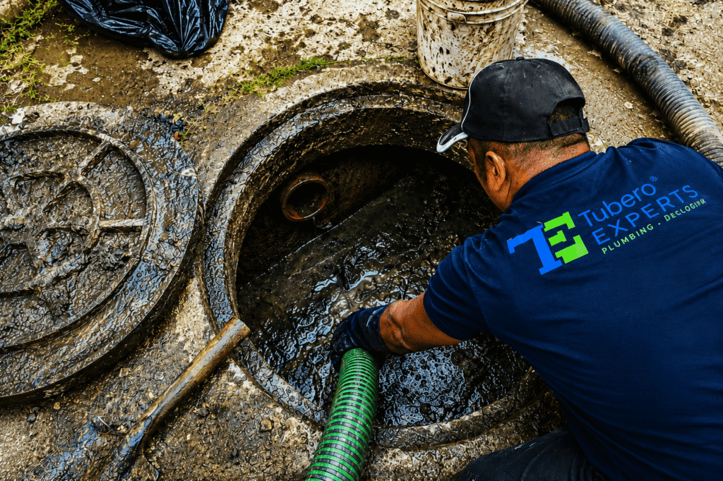 Tubero Experts plumber performing septic tank pumping and siphoning service