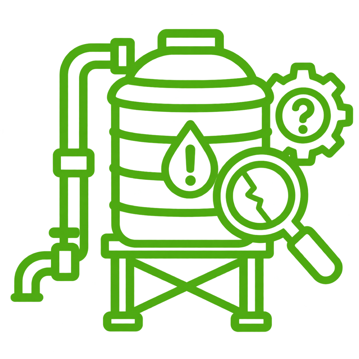 Water tank troubleshooting icon showing a magnifying glass inspecting a tank issue