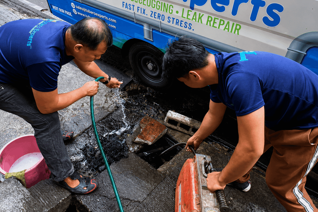 Two Tubero Experts plumber clearing a blocked street drain using a hose and drain machine