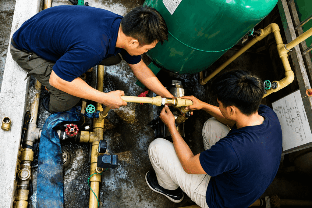 Two Tubero Experts technicians installing water pump piping and fittings from an overhead view