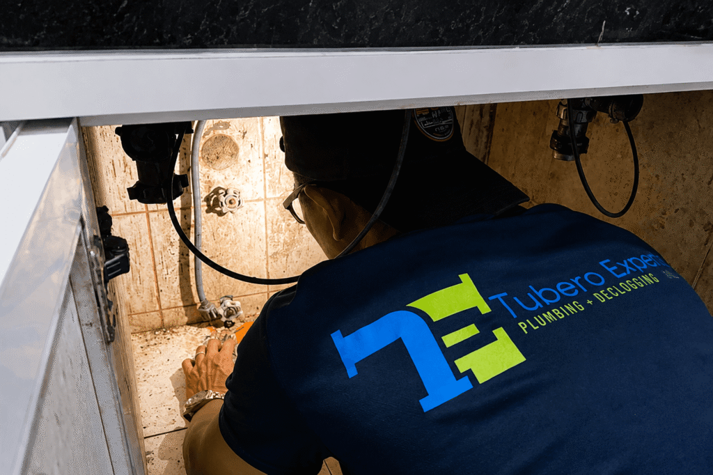 Tubero Experts plumber inspecting pipes and shut-off valves beneath a kitchen sink cabinet