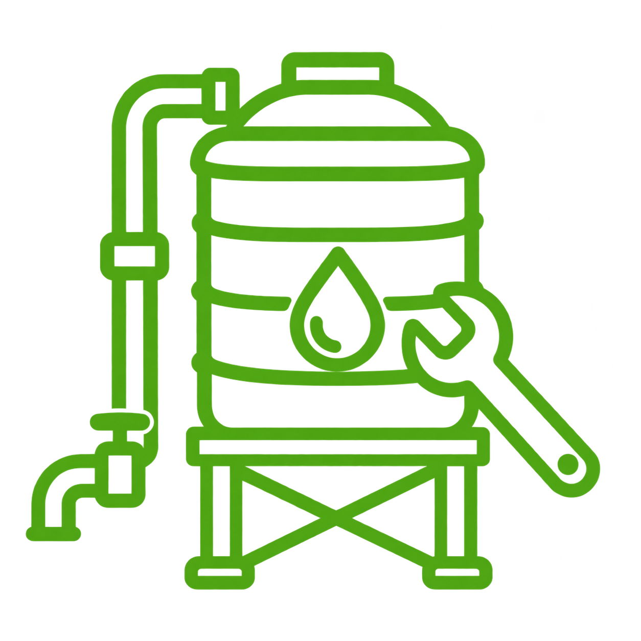 Water tank installation and troubleshooting icon showing a tank, wrench, and supply pipe