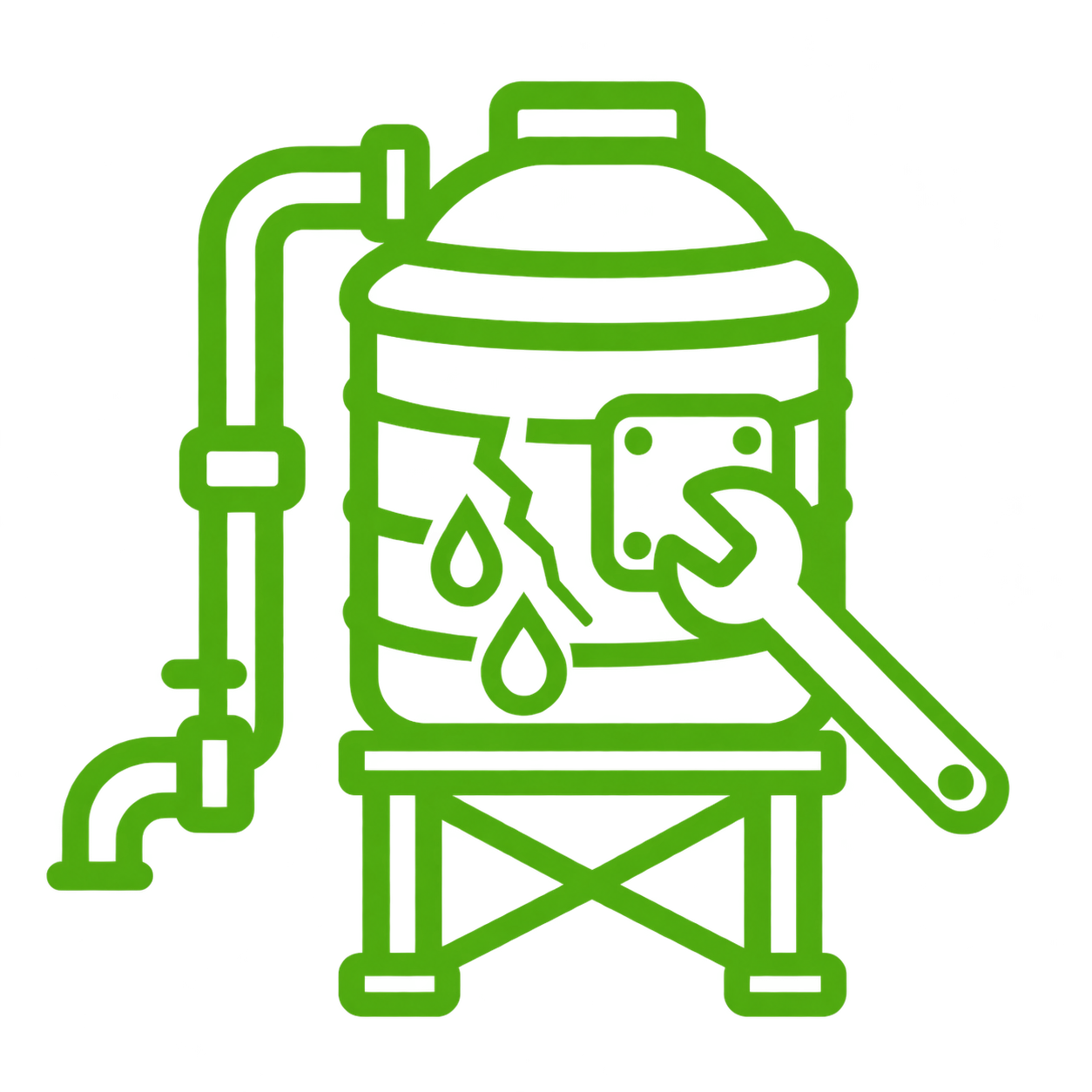 Water tank repair icon showing a cracked, leaking tank with a wrench