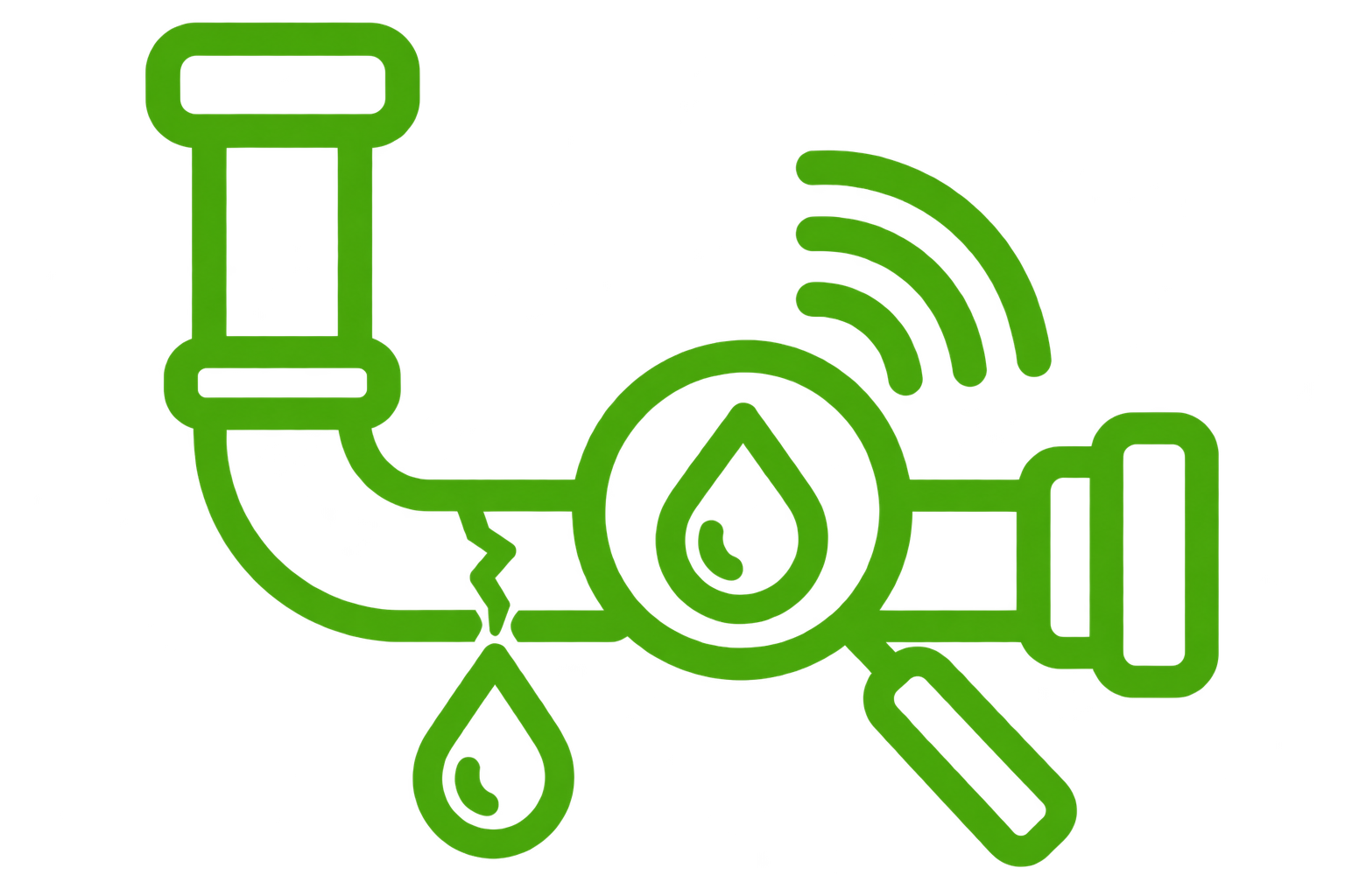 Leak detection graphic with magnifying glass and signal waves on a pipe