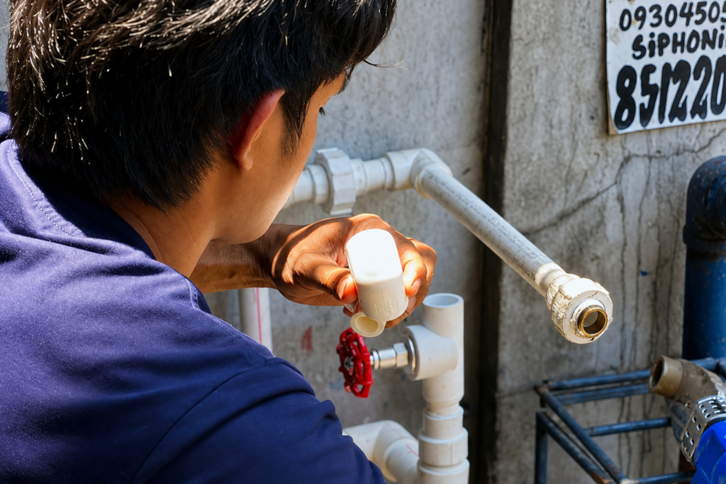 Tubero Experts plumber connecting a new PVC water line fitting during a repiping job.