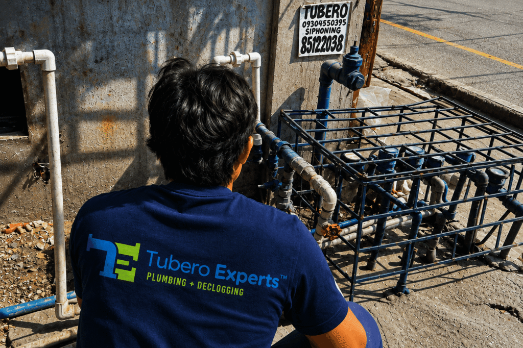 Tubero Experts plumber inspecting water meter and pipe connections as part of a leak detection and pipe maintenance service