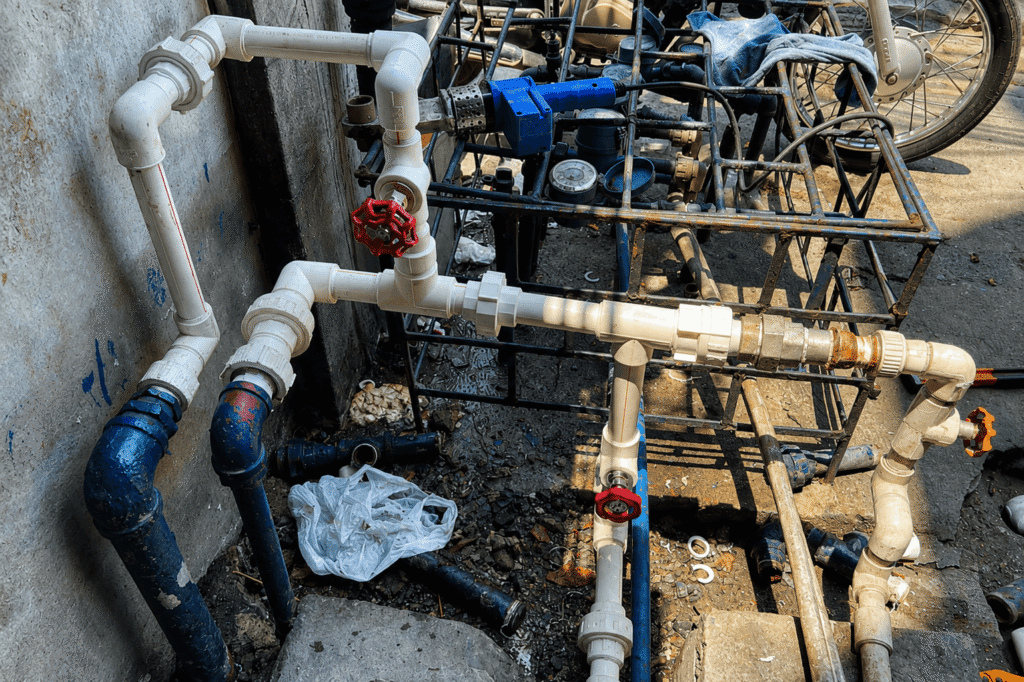 PVC pipes and valves installed during plumbing and pipe repair service