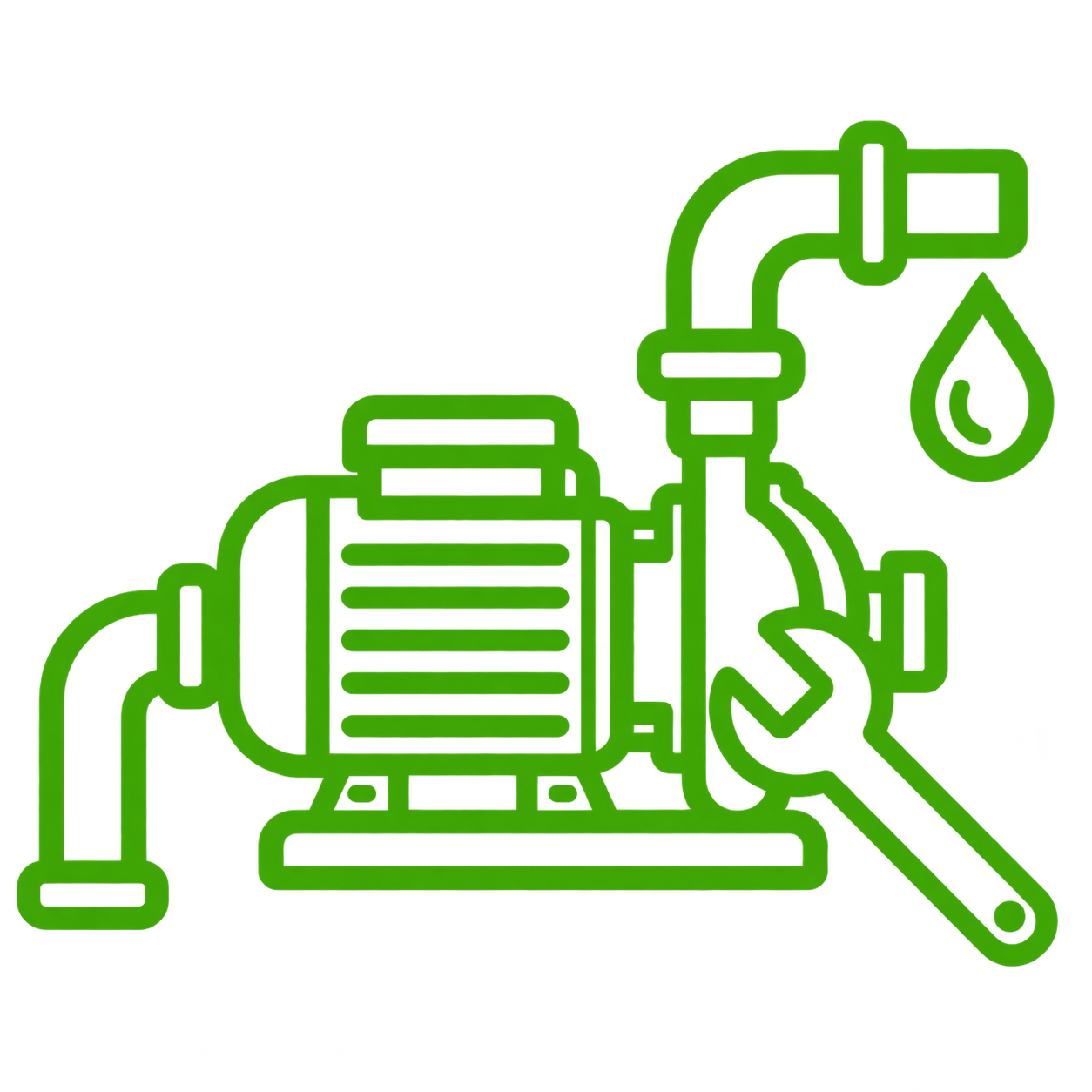 Water pump connected to piping and a faucet with a water drop, representing water pump installation