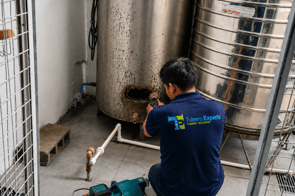 Water tank repair technician repairing a corroded old water tank