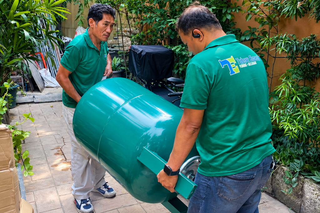Tubero Experts technicians carrying a new water tank during a residential installation job