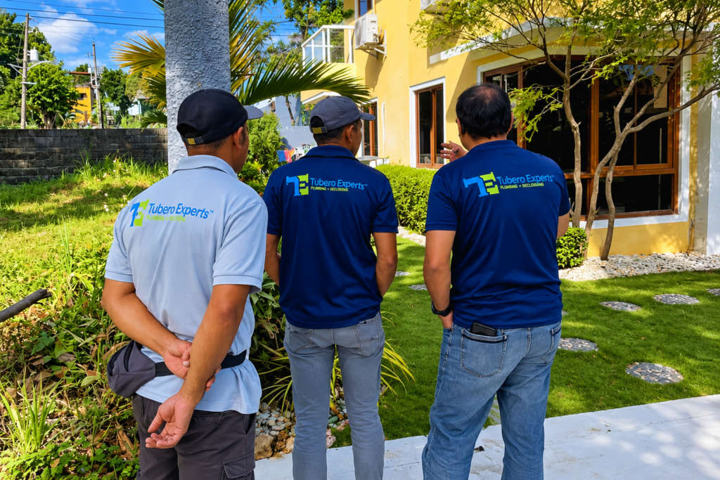 Three Tubero Experts team members in uniform assessing a residential property before starting plumbing work