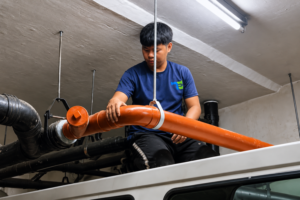 Technician fitting an orange drainage pipe on a ceiling hanger inside a building